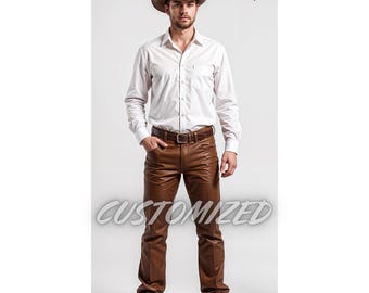 Men Handmade Customized Genuine Brown Leather Pants