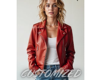 Women Handmade Customized Genuine Red Leather Jacket