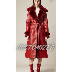 Frauen handgemachte echte rote Leder lange Länge Trenchcoat