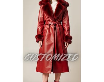 Women Handmade Genuine Red Leather Long Length Trench Coat