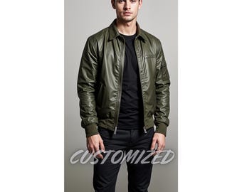 Giacca bomber in vera pelle verde oliva personalizzata fatta a mano da uomo
