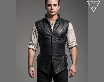 Men Custom Made Genuine Black Leather Medieval Style Vest