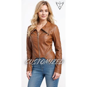 Women Handmade Customized Genuine Brown Leather Jacket