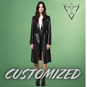 Women Handmade Customized Genuine Black Leather Trench Coat