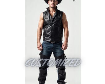Men Handmade Customized Cow Boy Themed Genuine Black Leather Vest