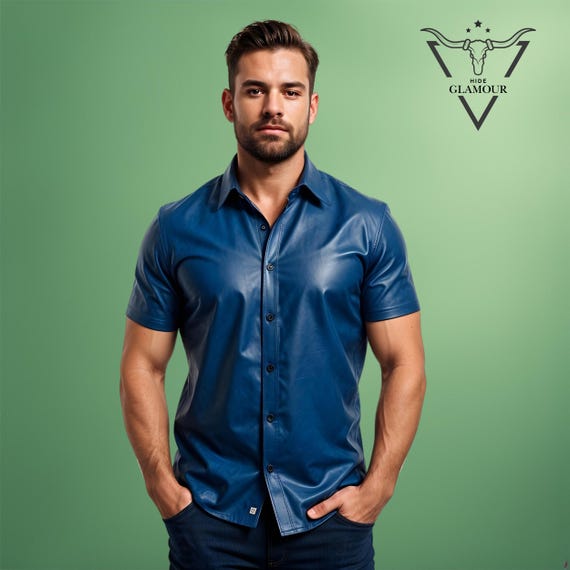Men Customized Genuine Royal Blue Leather Half Sleeves Collared Shirt