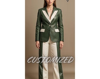 Completo blazer e pantaloni in pelle verde e bianca fatti a mano - Vestibilità personalizzata