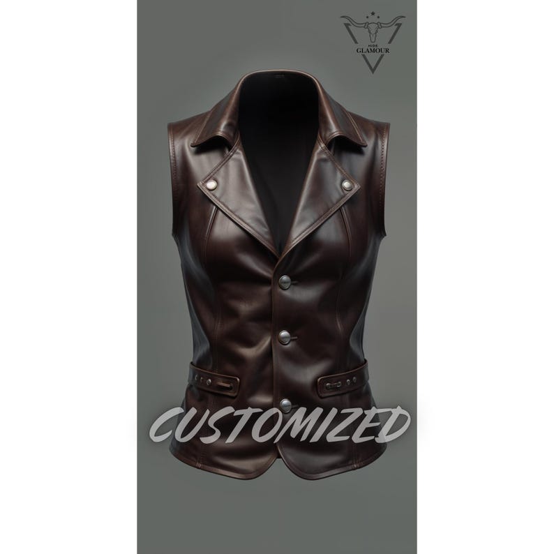 May include: A brown leather vest with a button-up front and a collar. The vest has a  "CUSTOMIZED" text on the front.