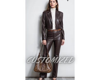 Handmade Brown Leather Blazer and Pants Set: Women's Custom Suit