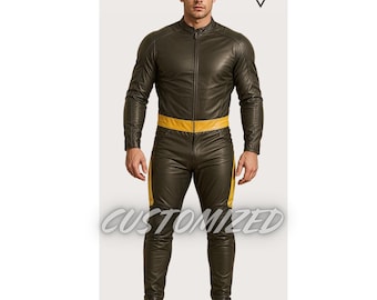 Traje de motociclista de cuero genuino negro y amarillo personalizado hecho a mano para hombre.