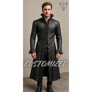 Men Women Handmade Customized Genuine Black Leather Gothic Long Coat, Gender Neutral Black Leather Long Coat