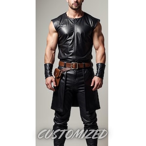 Men Handmade Customized Genuine Leather Black Viking Tunic Medieval Warrior Costume