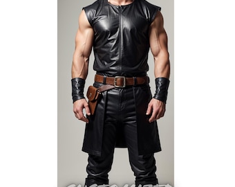 Men Handmade Customized Genuine Leather Black Viking Tunic Medieval Warrior Costume