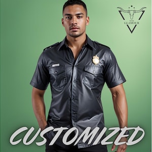 Men Customized Genuine Black Leather Half Sleeves Collared T Shirt