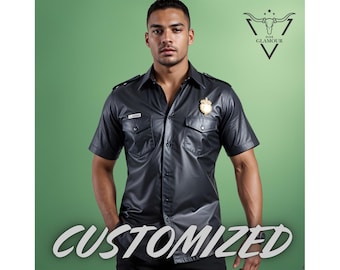 Men Customized Genuine Black Leather Half Sleeves Collared T Shirt