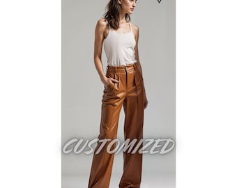 Handmade Brown Genuine Leather Palazzo Pants - Customized Fit