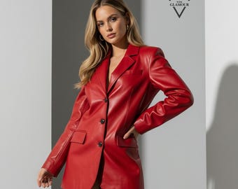 Women Custom Made Genuine Red Leather Modern Blazer