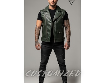 Men Custom Made Genuine Green Leather Biker Style Sleeveless Vest