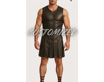 Handgefertigtes Braunes Leder Rüstzeug Kilt Set: Maßgeschneidertes Gladiator Kostüm