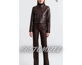 Women Handmade Customized Genuine Brown Leather Jacket and Pants