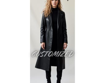 Handmade Custom Black Leather Long Coat - Women's Genuine Leather Outerwear