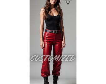 Handmade Red Leather Cargo Pants: Custom Fit Trousers