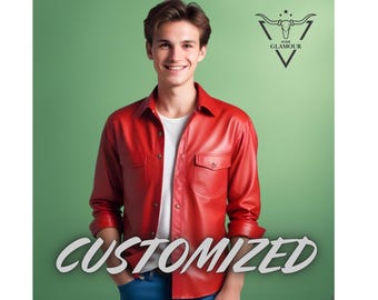 May include: A red leather shirt with a button-down front and a single chest pocket. The shirt has the word "CUSTOMIZED" written in white across the bottom.