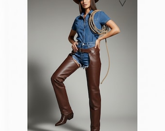 Handmade Customized Genuine Black Leather Cowboy Rodeo Style Chaps