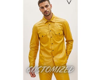 Handmade Men's Genuine Yellow Leather Shirt - Custom Fit