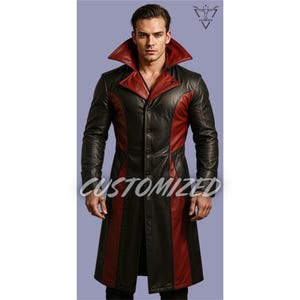 Handmade Black and Red Genuine Leather Long Coat - Custom Fit