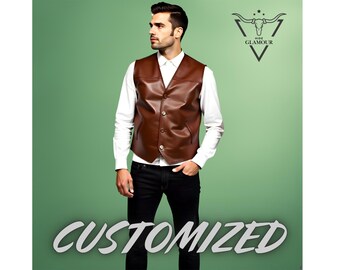 Men Handmade Customized Genuine Brown Leather Vest