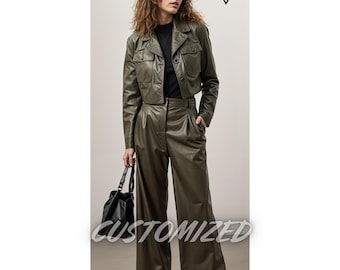 Completo blazer e pantaloni in pelle verde oliva fatti a mano - Vestibilità personalizzata
