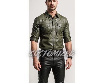 Handmade Olive Green Leather Dress Shirt: Custom Fit, Genuine Leather
