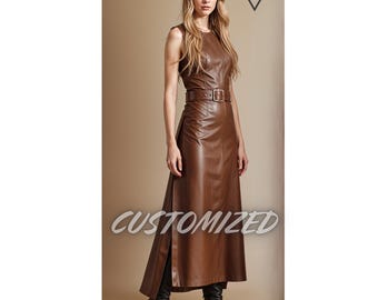 Women Handmade Customized Genuine Brown Leather Long Dress