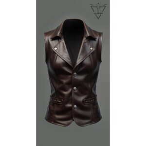 May include: A brown leather vest with a button-up front and a collar. The vest has a fitted waist and two pockets.
