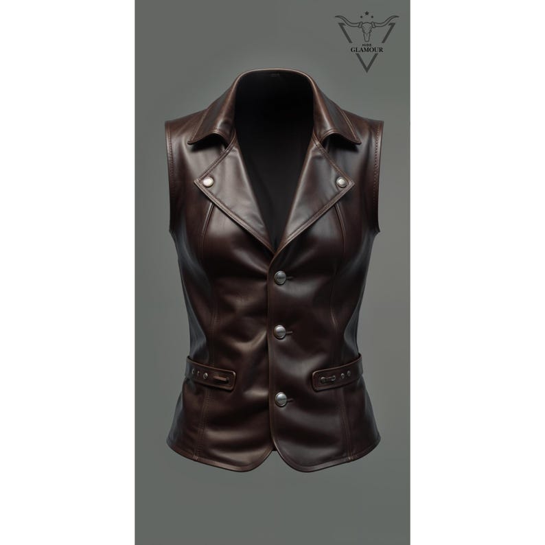 May include: A brown leather vest with a button-up front and a collar. The vest has a fitted waist and two pockets.