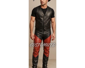 Handmade Black & Red Leather Pants Set: Custom Fit Genuine Leather Vest