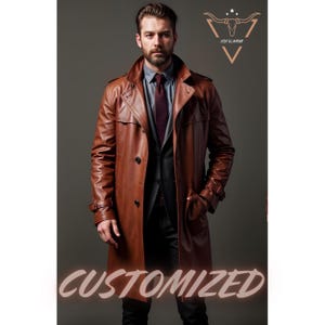 Men Handmade Customized Genuine Brown Leather Trench Coat