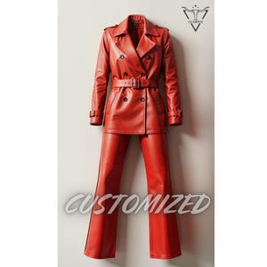 Handmade Red Genuine Leather Blazer and Pants Set - Custom Women's Suit