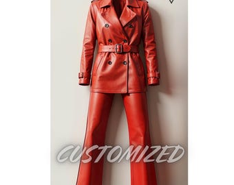 Handmade Red Genuine Leather Blazer and Pants Set - Custom Women's Suit