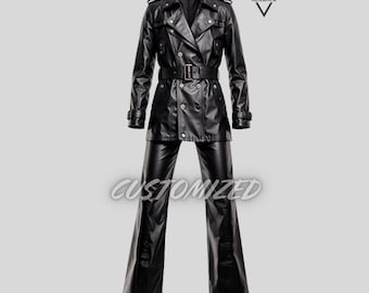 Handmade Women's Genuine Black Leather Suit: Customized Blazer & Pants Set