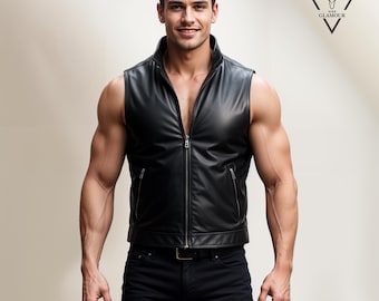 Men Custom Made Genuine Black Leather Slim Fit Biker Leather Vest