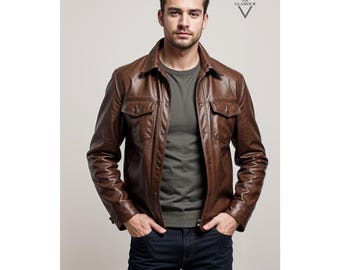 Men Handmade Brown Genuine Cow Leather Jacket