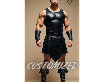 Männer Handgemachte maßgeschneiderte Echte Leder Rüstung und Kilt Wikinger Gladiator Krieger Kostüm