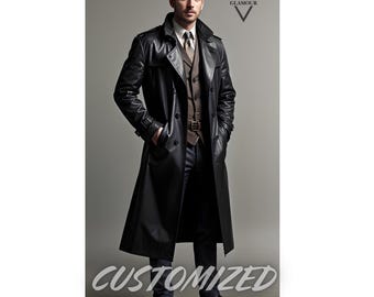 90年代ヴィンテージレザートレンチコート：ブラックマトリックス