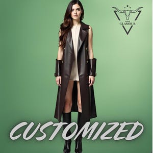 Women Handmade Customized Genuine Brown Leather Trench Coat