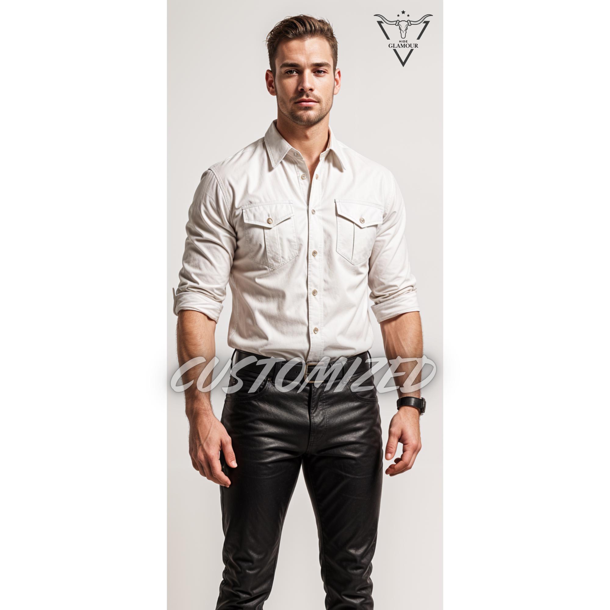 Handmade White Leather Dress Shirt: Custom Fit, Genuine Leather
