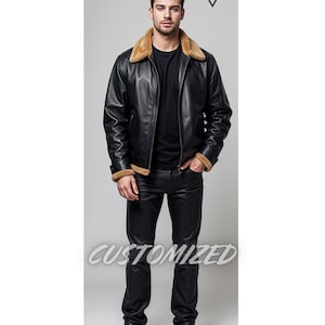 Men Handmade Genuine Black Leather Fur Jacket