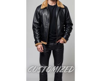Men Handmade Genuine Black Leather Fur Jacket
