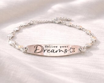 Engraved Stainless Steel Bracelet – Follow Your Dreams, Personalized Gift